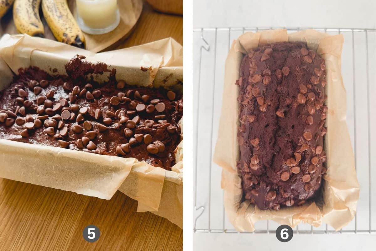 Two images of before and after baking the chocolate banana bread.