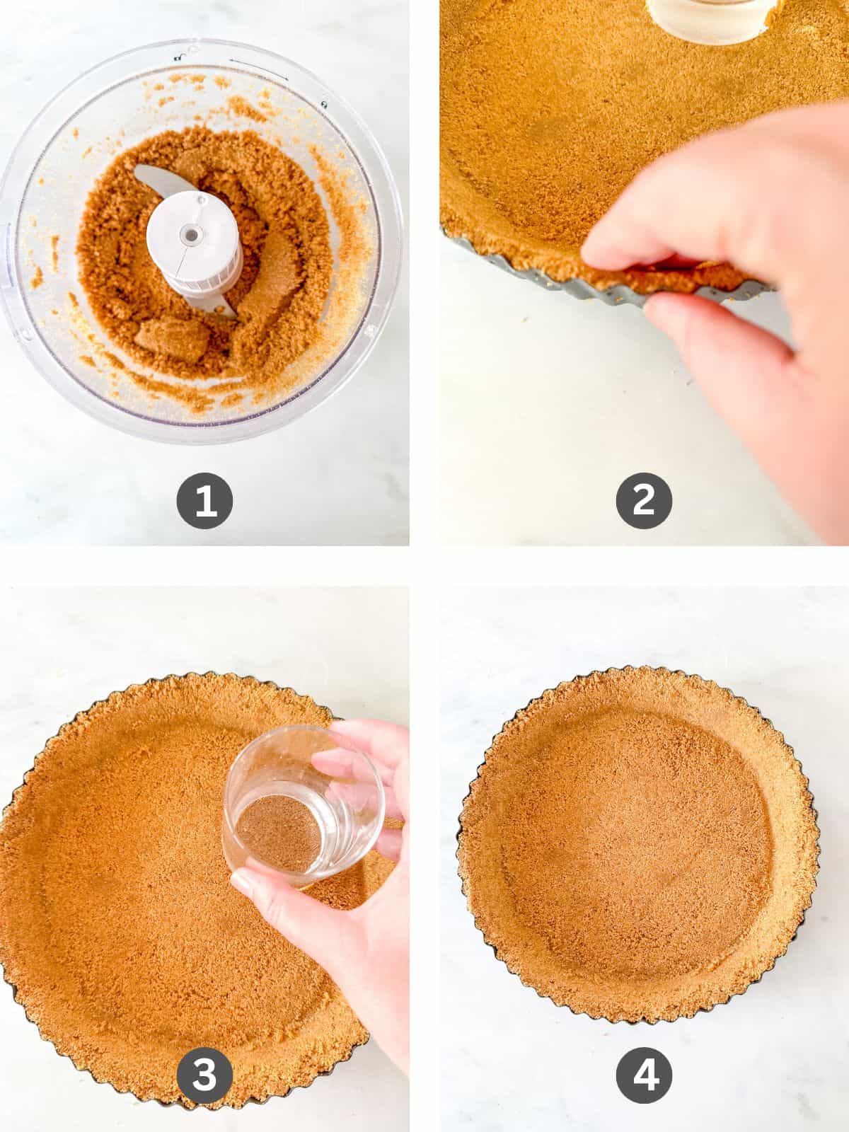 Four images of making a graham cracker pie crust.