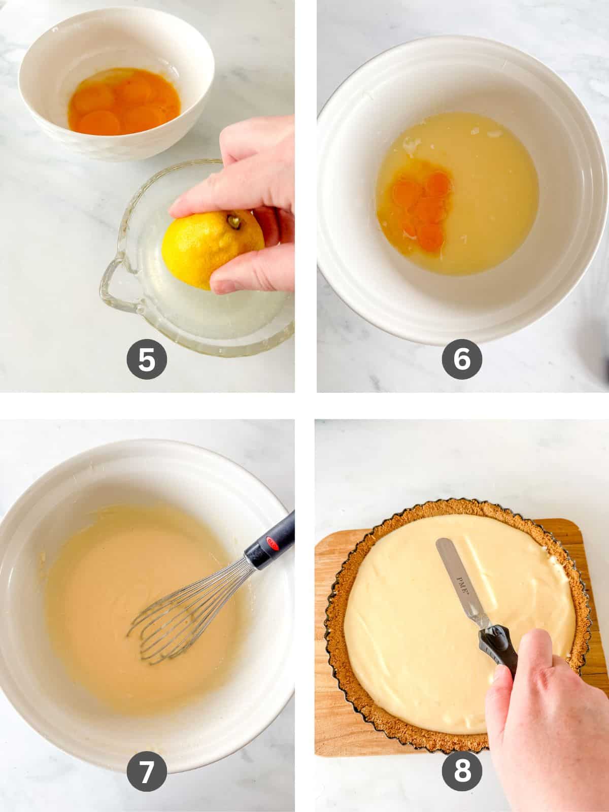 Four images of making a lemon pie filling.