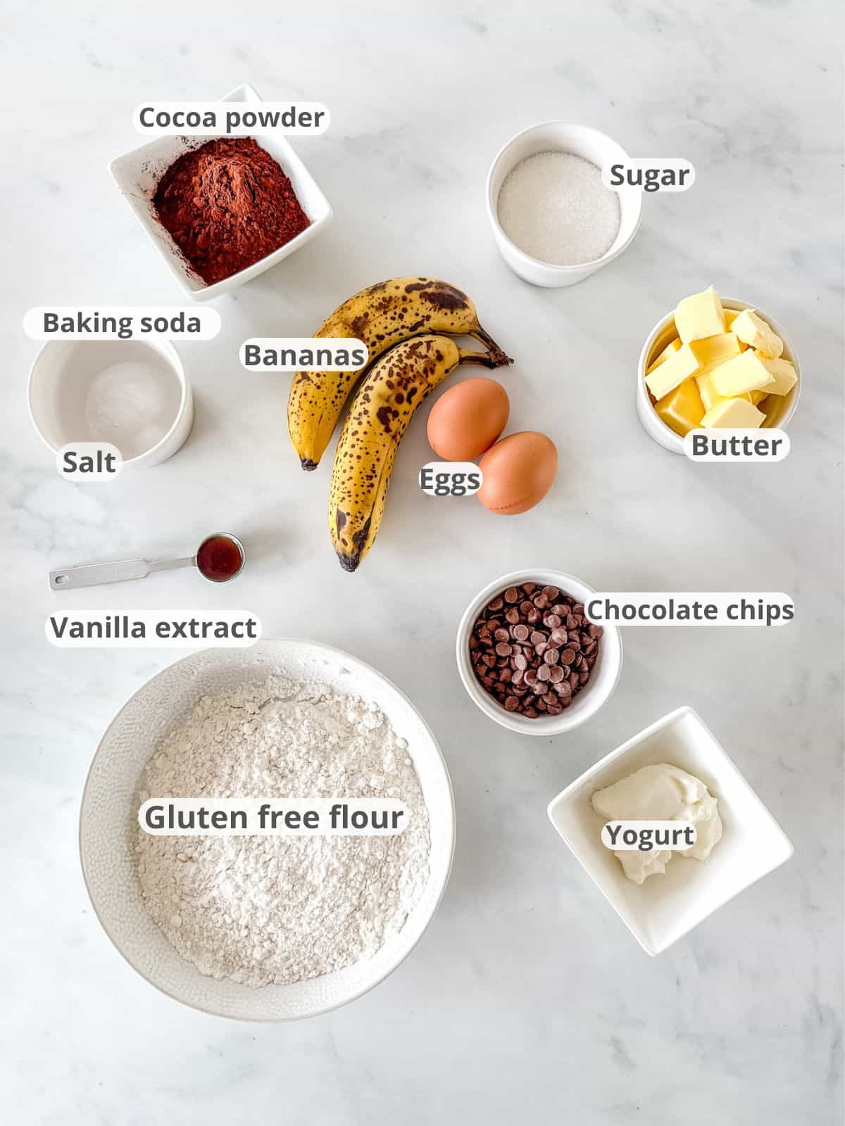 Labeled ingredients for gluten free double chocolate banana bread.