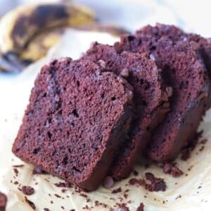 Close up of slices of gluten free double chocolate banana bread.