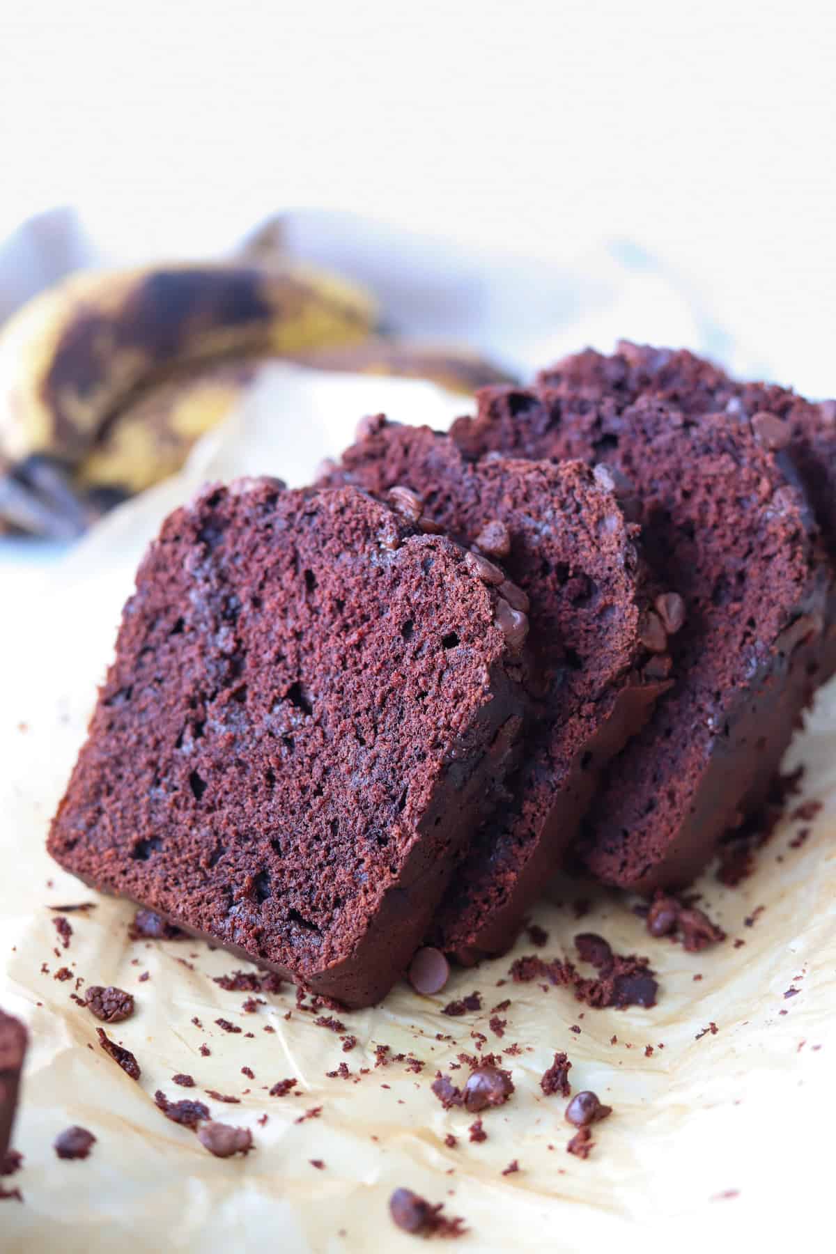 Close up of slices of gluten free double chocolate banana bread.