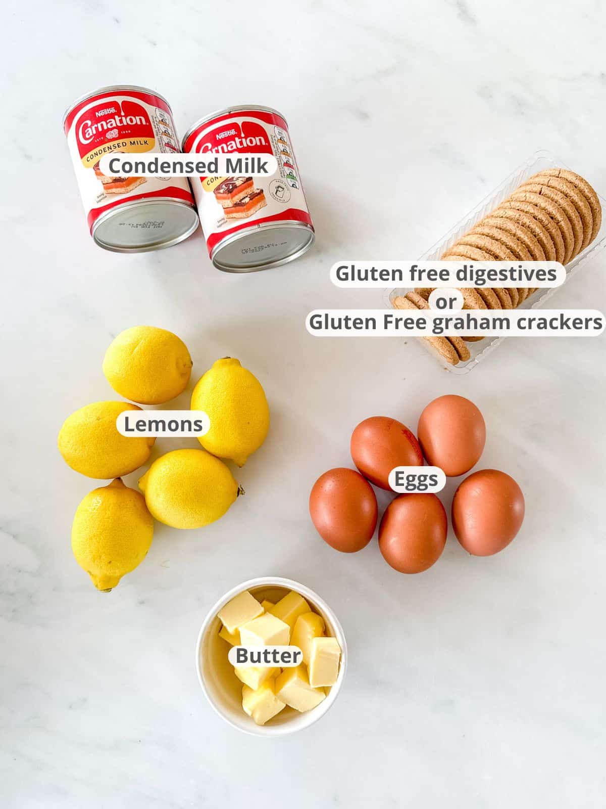 Labeled ingredients for gluten free lemon pie recipe.