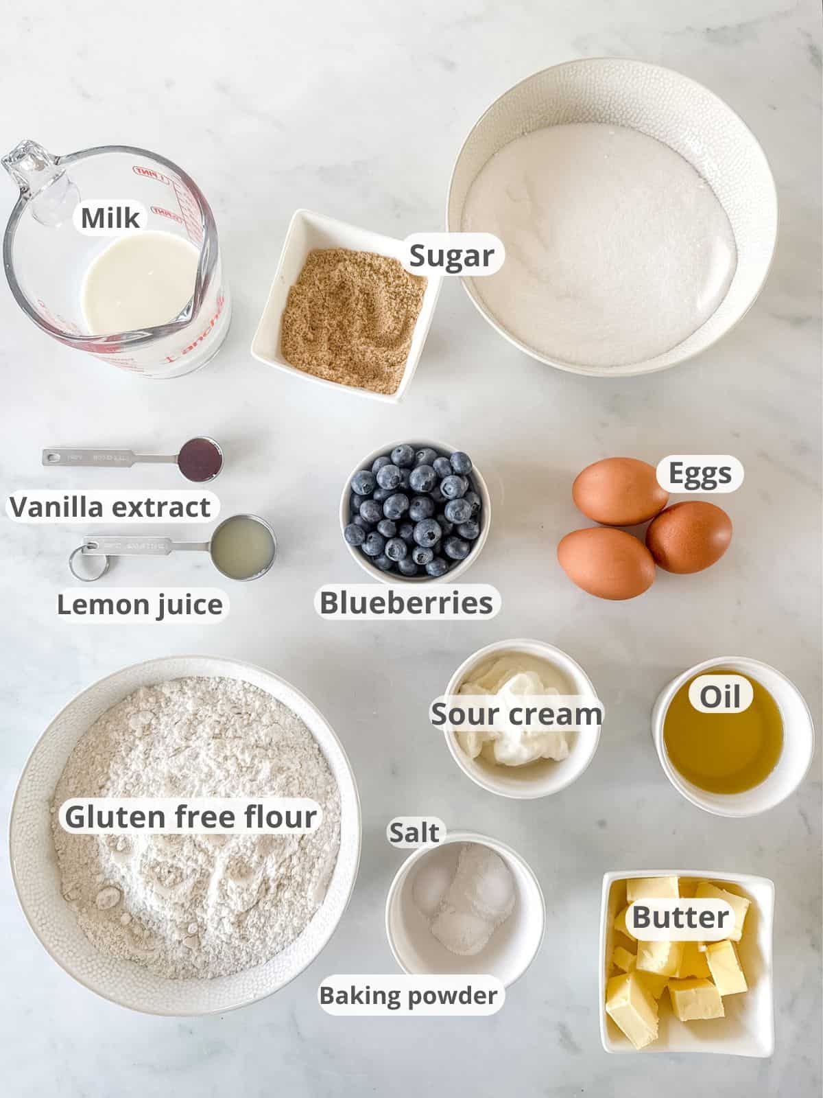 labeled ingredients for a gluten free blueberry crumb cake.
