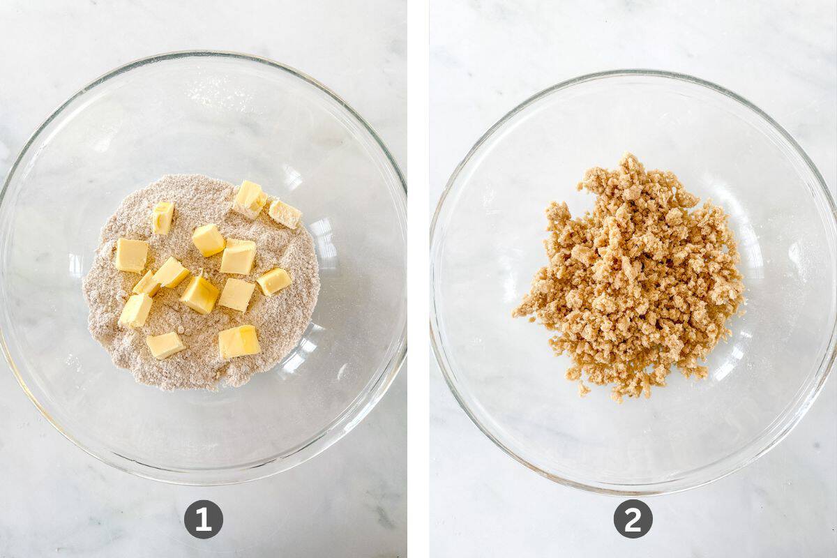 Two images side by side one of butter, flour and sugar in a bowl and other of crumb mixture.
