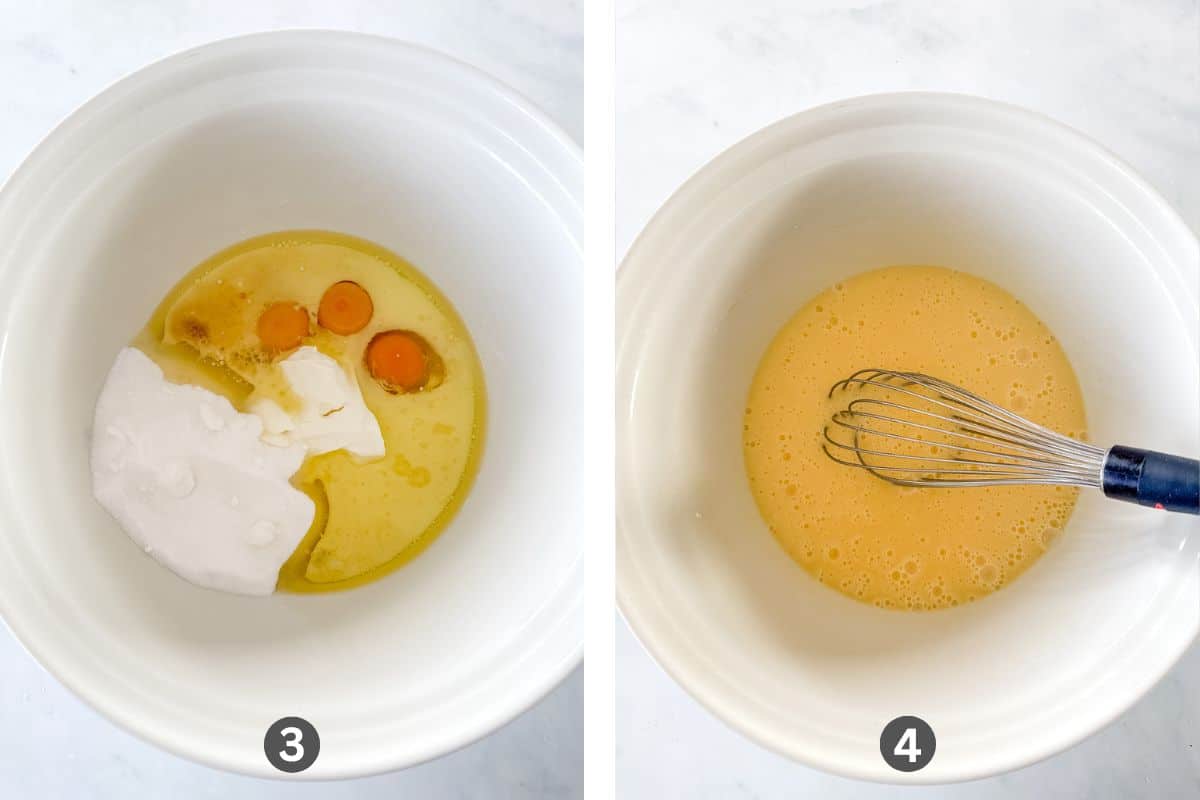 All wet ingredients in a white bowl mixed with a whisk.