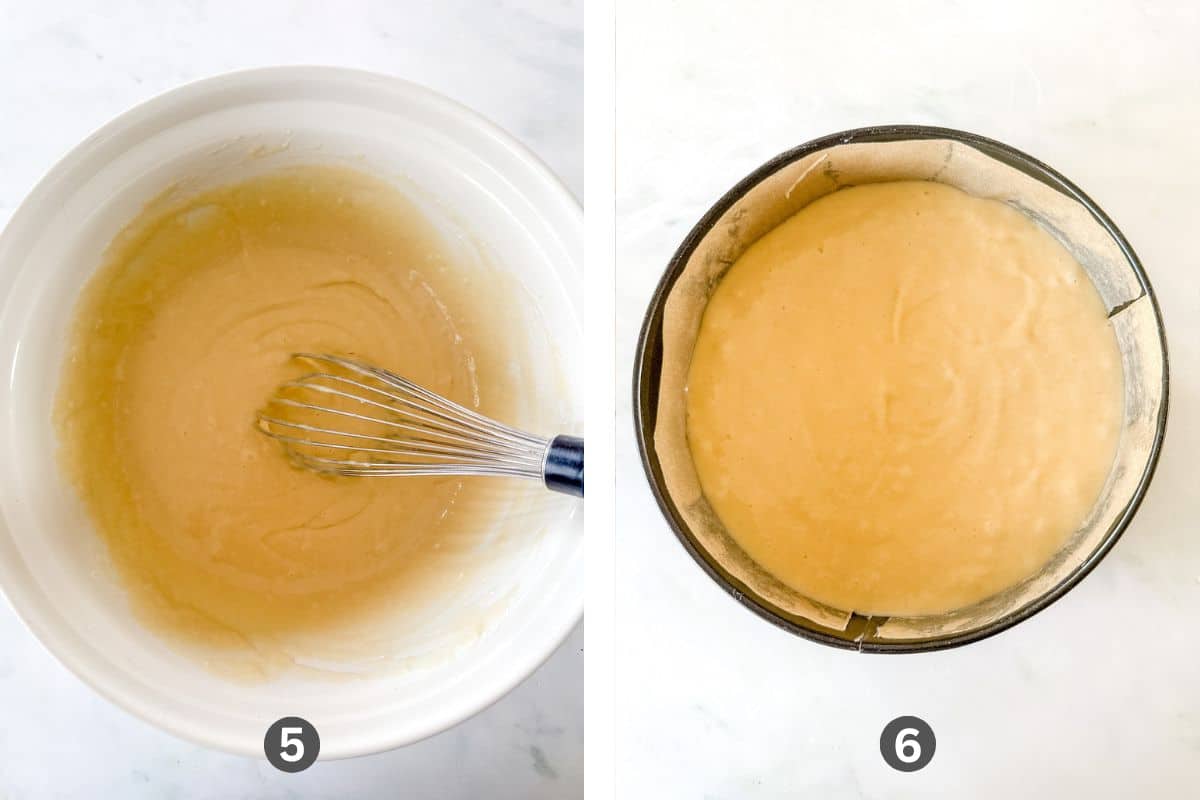 Gluten-free cake batter in a white bowl and in a lined baking pan.