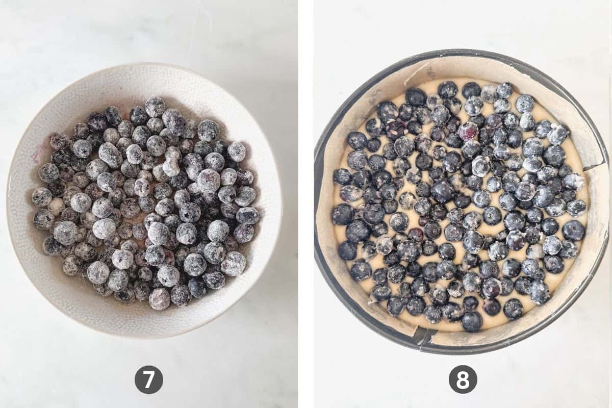 Blueberries in a white bowl covered in flour.