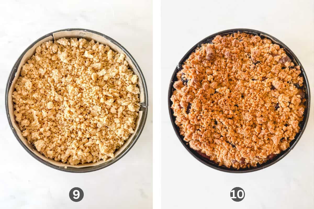 Two images side by side of a blueberry crumb cake before and after baking.