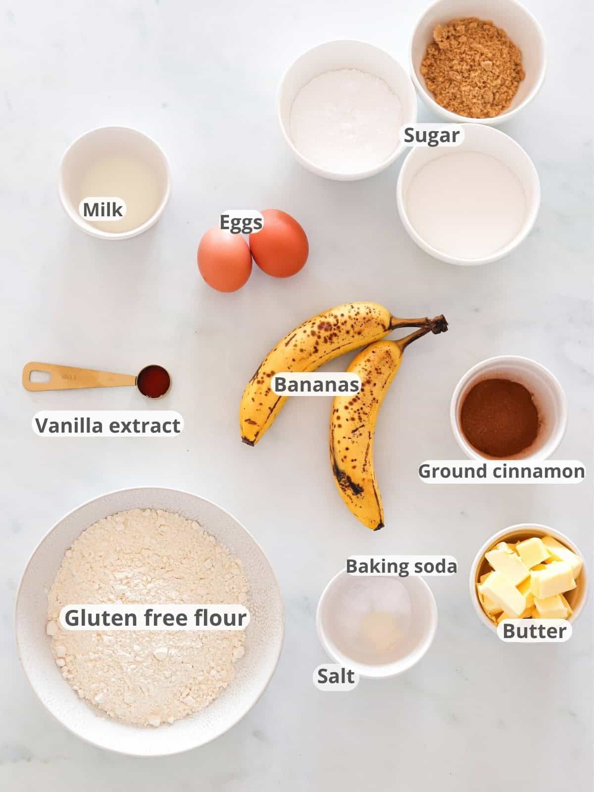 Labeled ingredients shot for gluten free cinnamon banana bread.