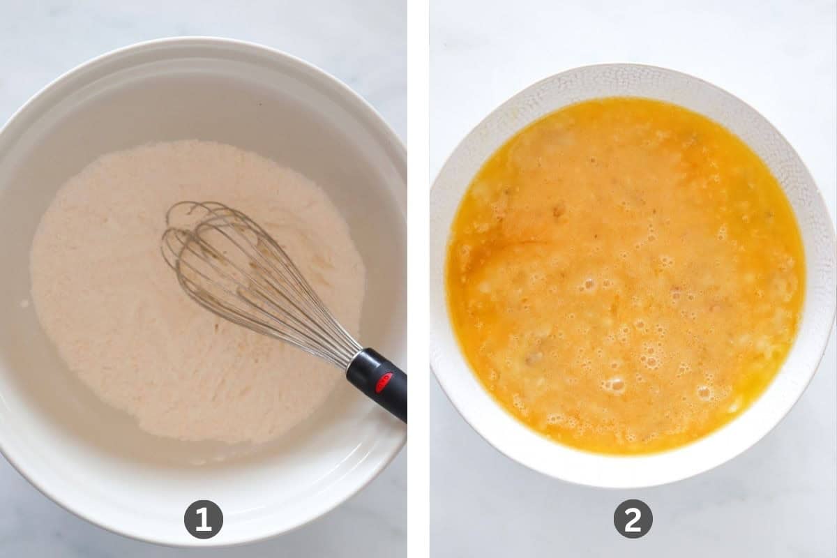 Two images side by side. One of a large bowl with flour and a whisk and another of mashed banana and egg mix.