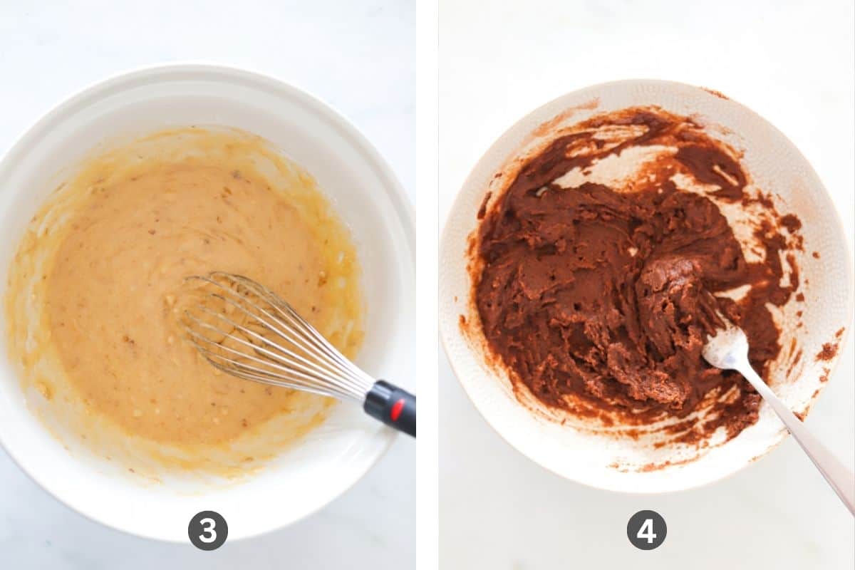Two images side by side. One of banana bread batter in a bowl and another of cinnamon butter batter in a bowl.