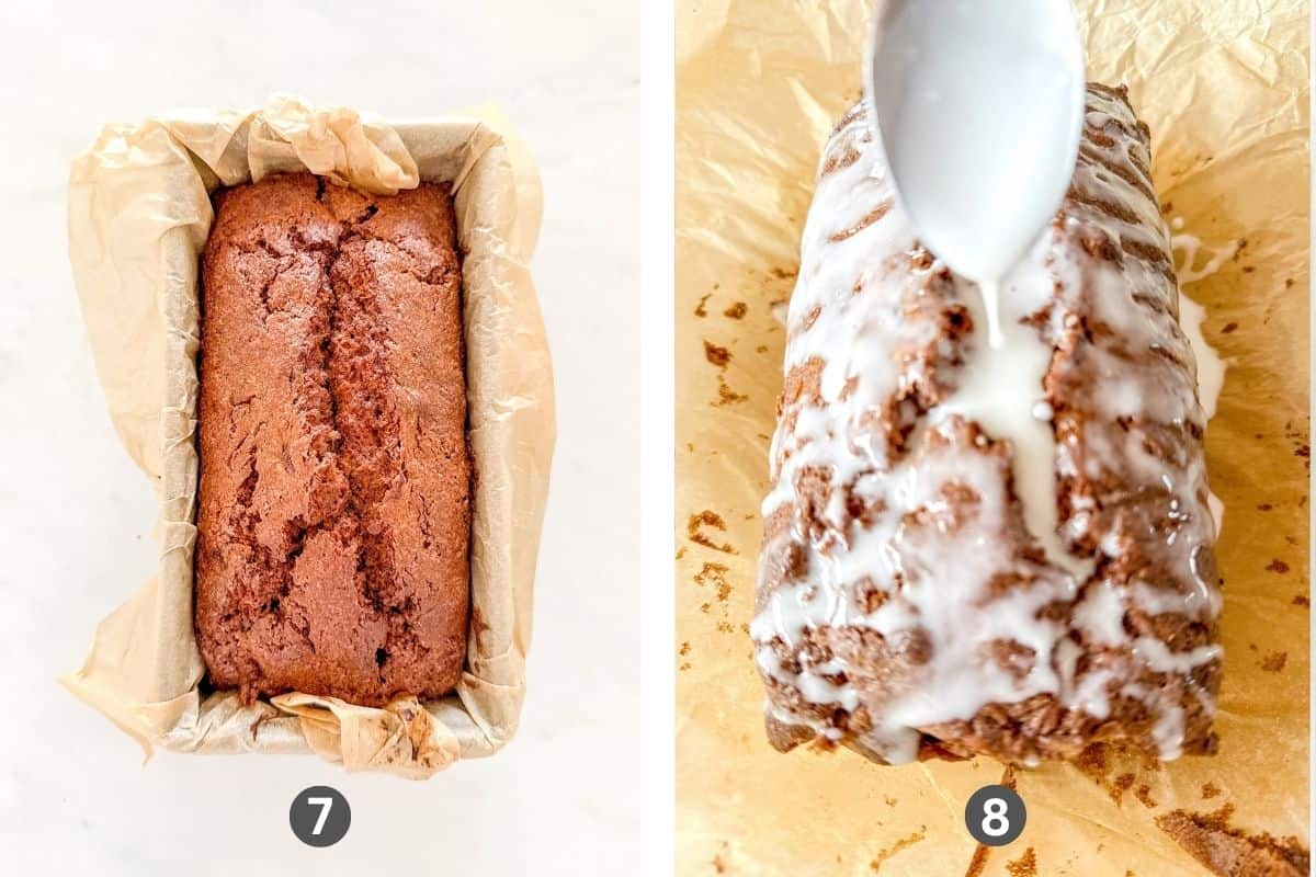 Glaze is being drizzled over the top of cinnamon banana bread.