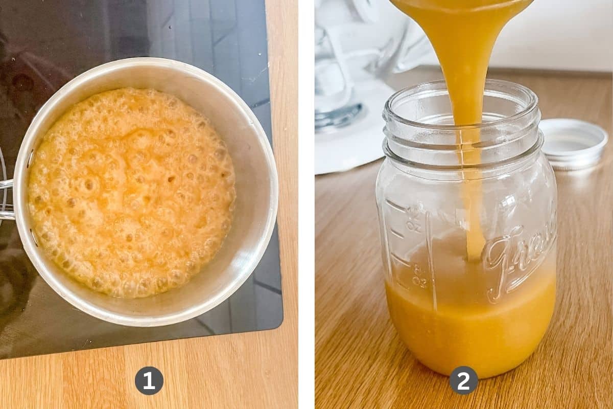 Caramel bubbling in a pot and then being poured into a glass jar.