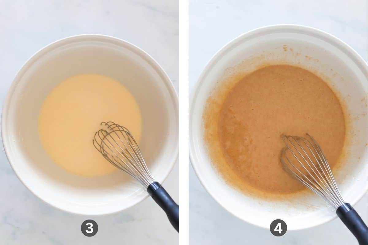 A white bowl with cake batter and a whisk.