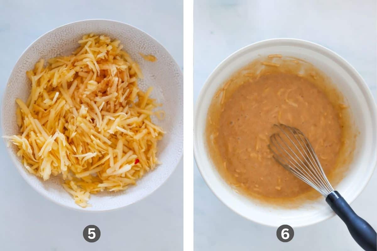 Two images side by side. One of grated apple and the other of the grated apple mixed into the cake batter in a white buwl.