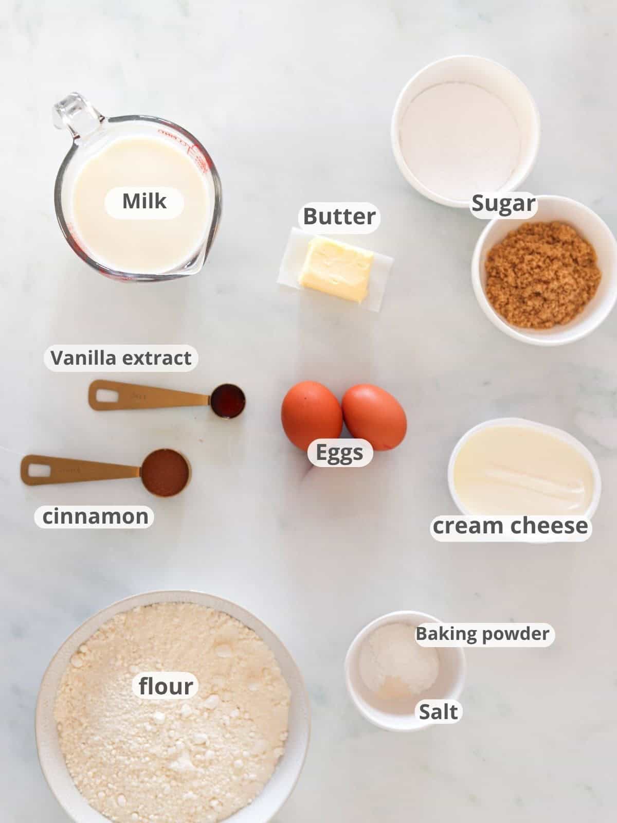 Labeled ingredients for gluten free cinnamon swirl pancakes.