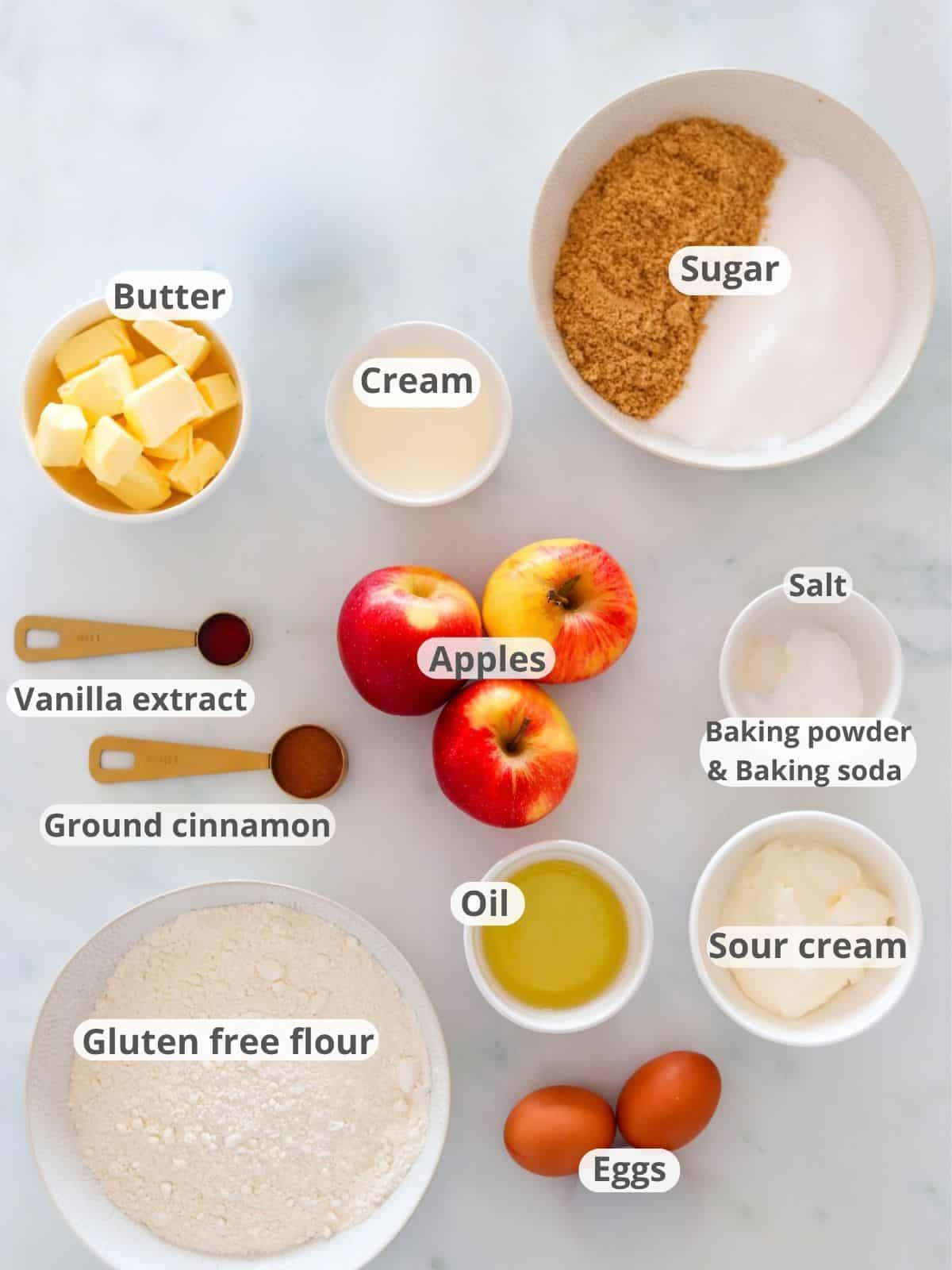 Labeled ingredients for gluten-free caramel apple cake recipe.