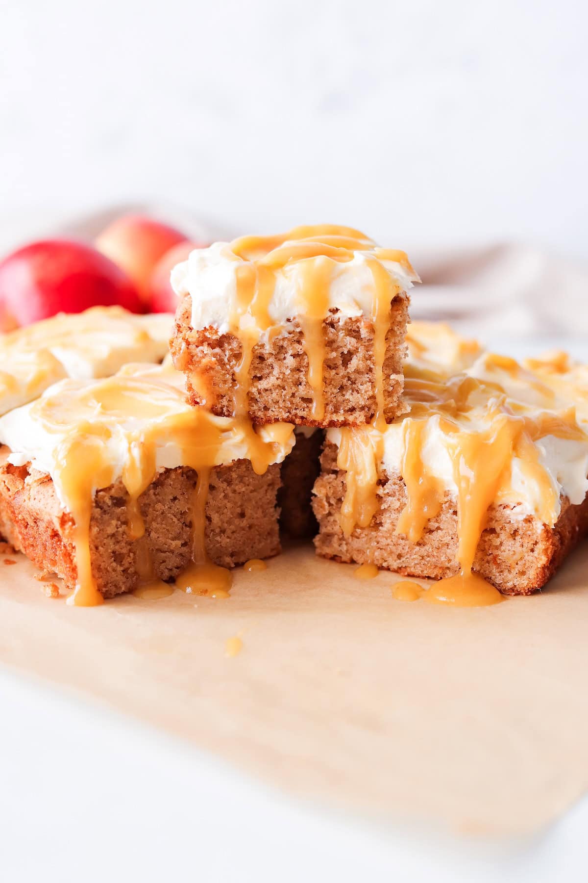 Caramel apple cake stacked together.