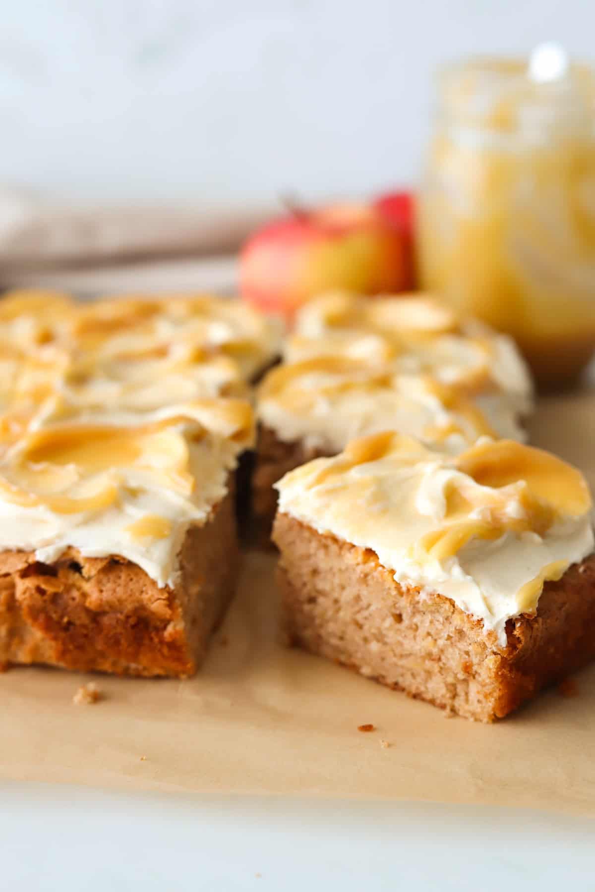 Sliced caramel apple cake.