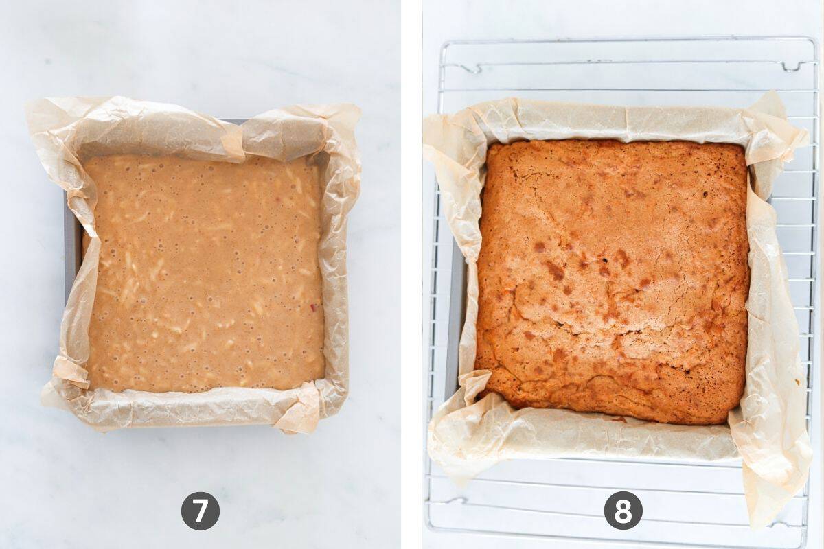 Two images side by side. One of the cake batter in a square baking pan and the other of the baked apple cake.