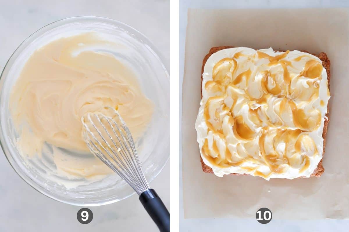 Two images side by side. One of buttercream in a glass bowl and the other of the finished caramel apple cake.