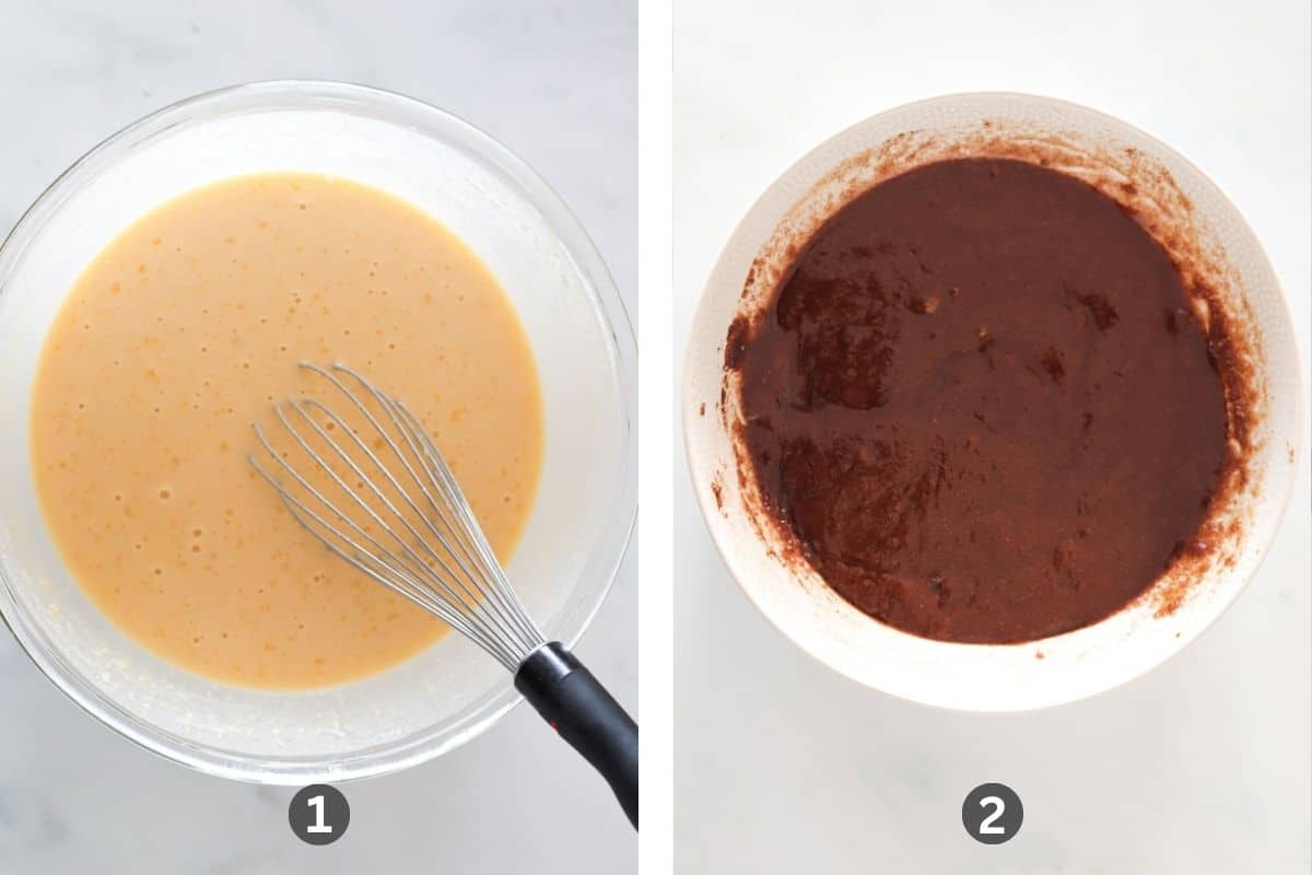 Two images side by side, one of pancake batter in a bowl and another of cinnamon sugar mixture in a small bowl.