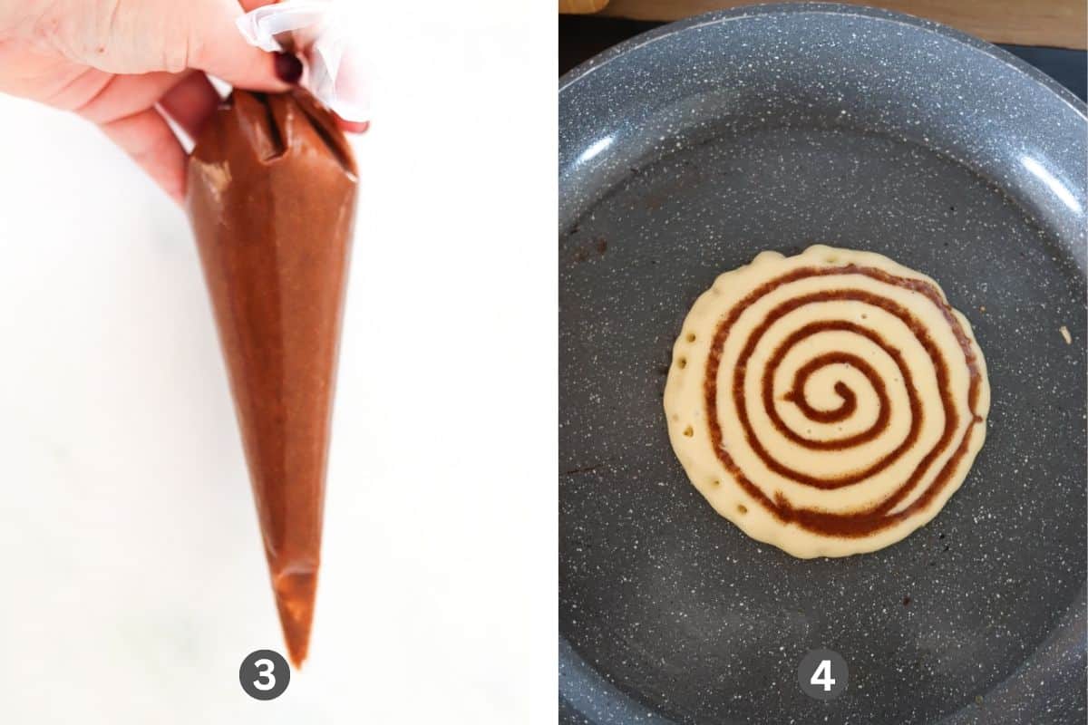 A pancake in a pan with a swirl of cinnamon sugar.